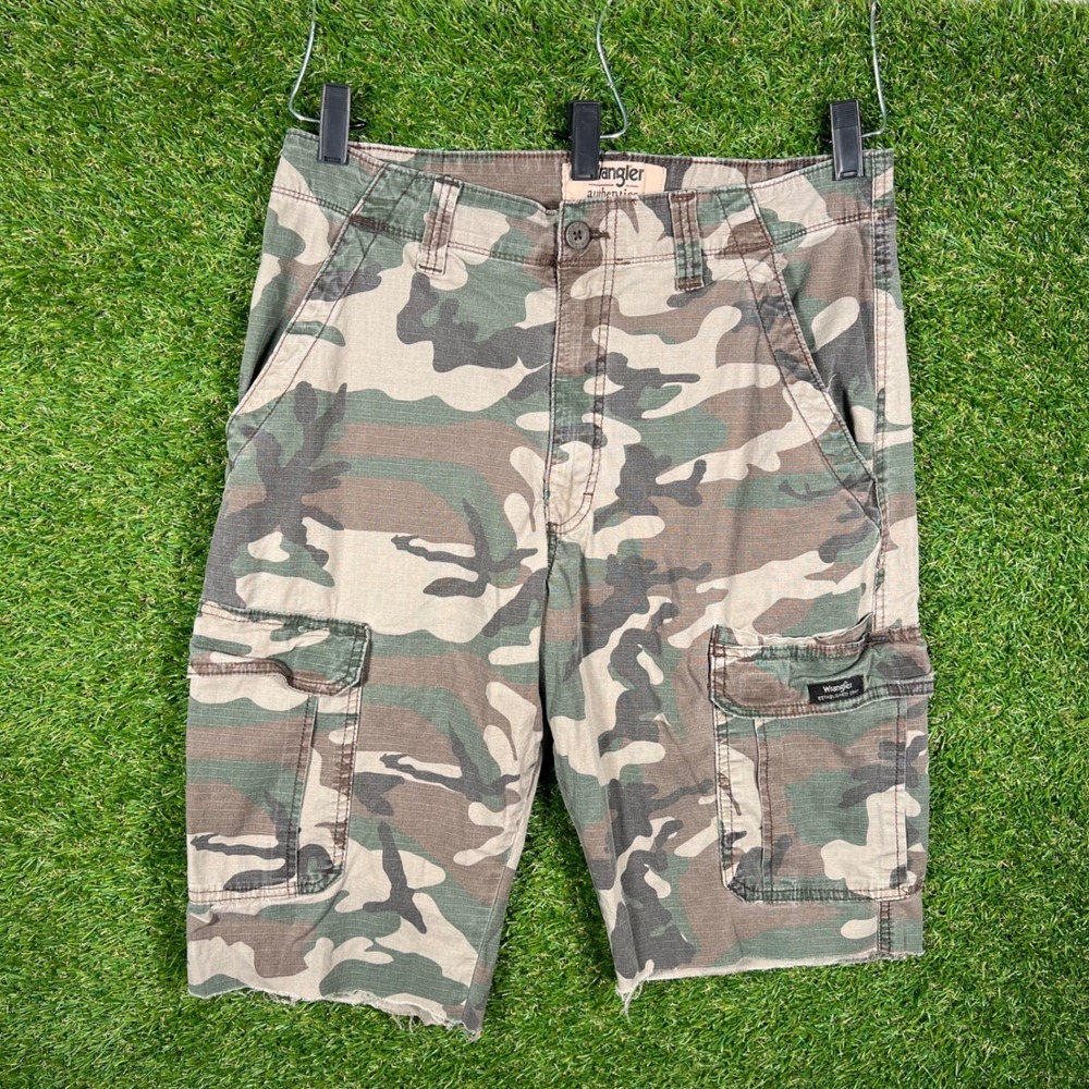 Wrangler Authentics Mens Camo Cargo Shorts Ripstop Cut Off Raw Hem Green‎ 32